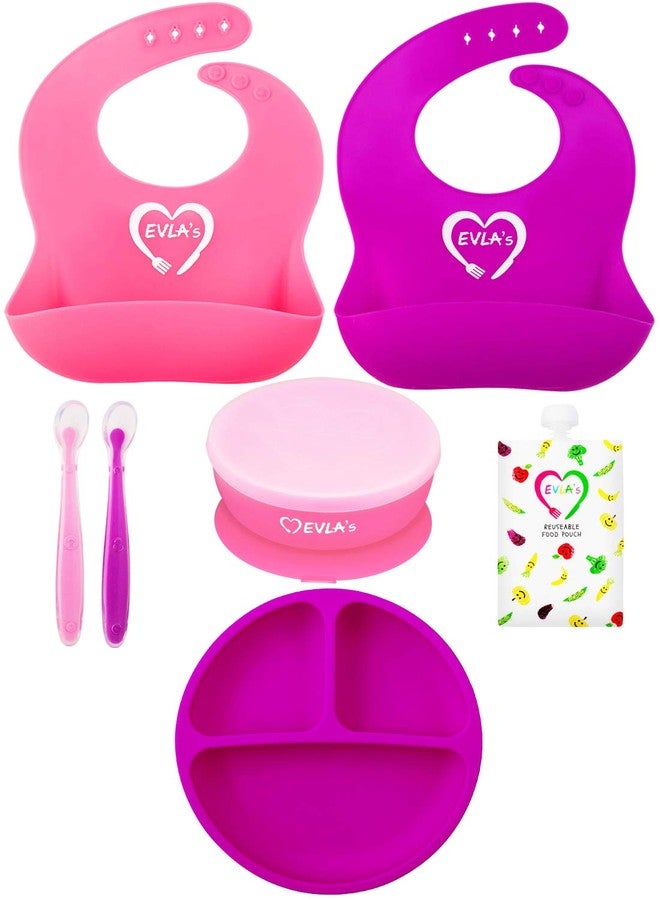 EVLA'S Baby Feeding Set, Baby Led Weaning Supplies, Adjustable Silicone Bibs, Divided Plate, Suction Bowl with Lid, Soft Spoons for Babies or Toddlers, Baby Registry must have! - Image 1